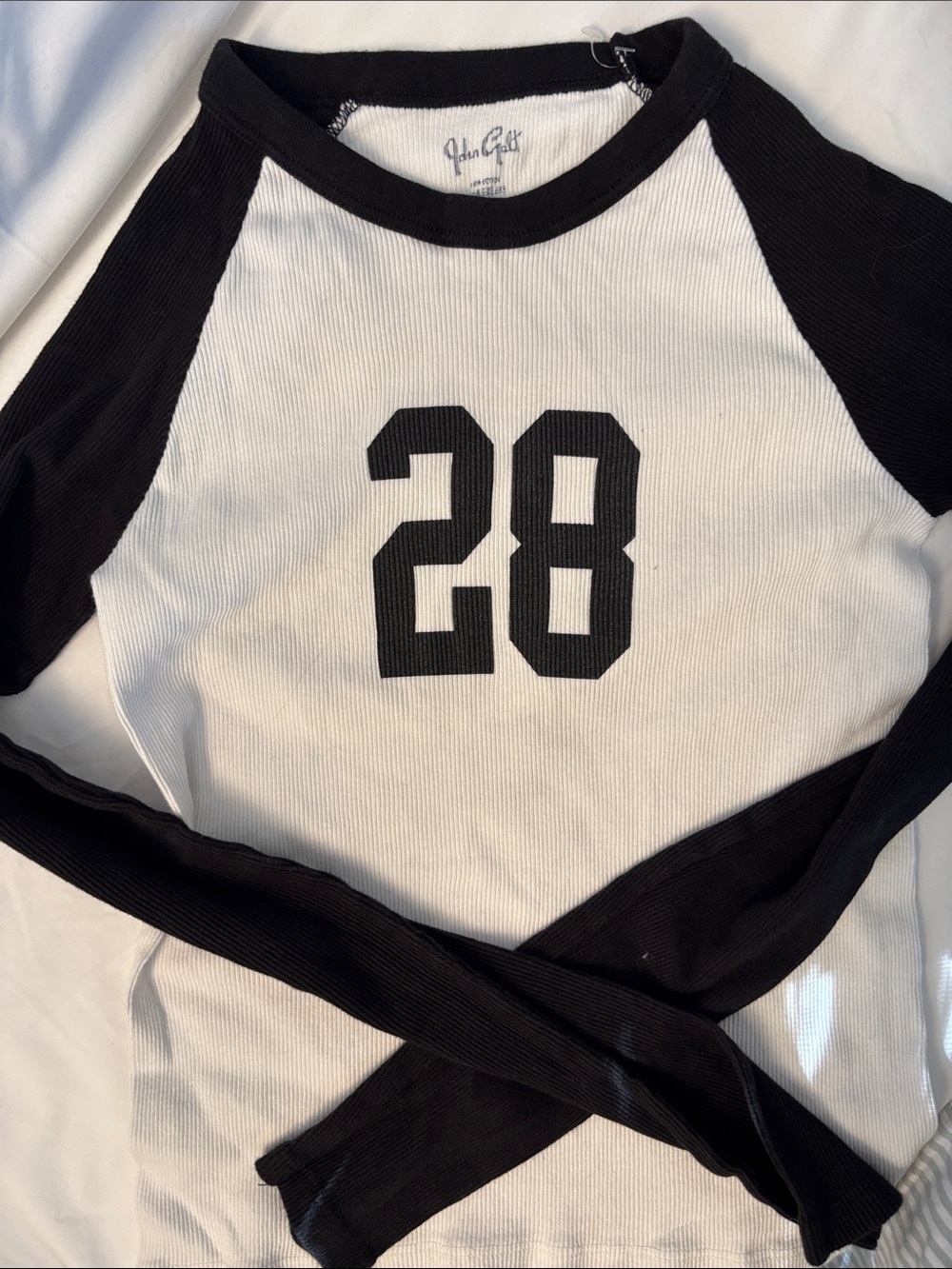 Brandy Melville White & Black Raglan Long Sleeve Tee with '28' Graphic